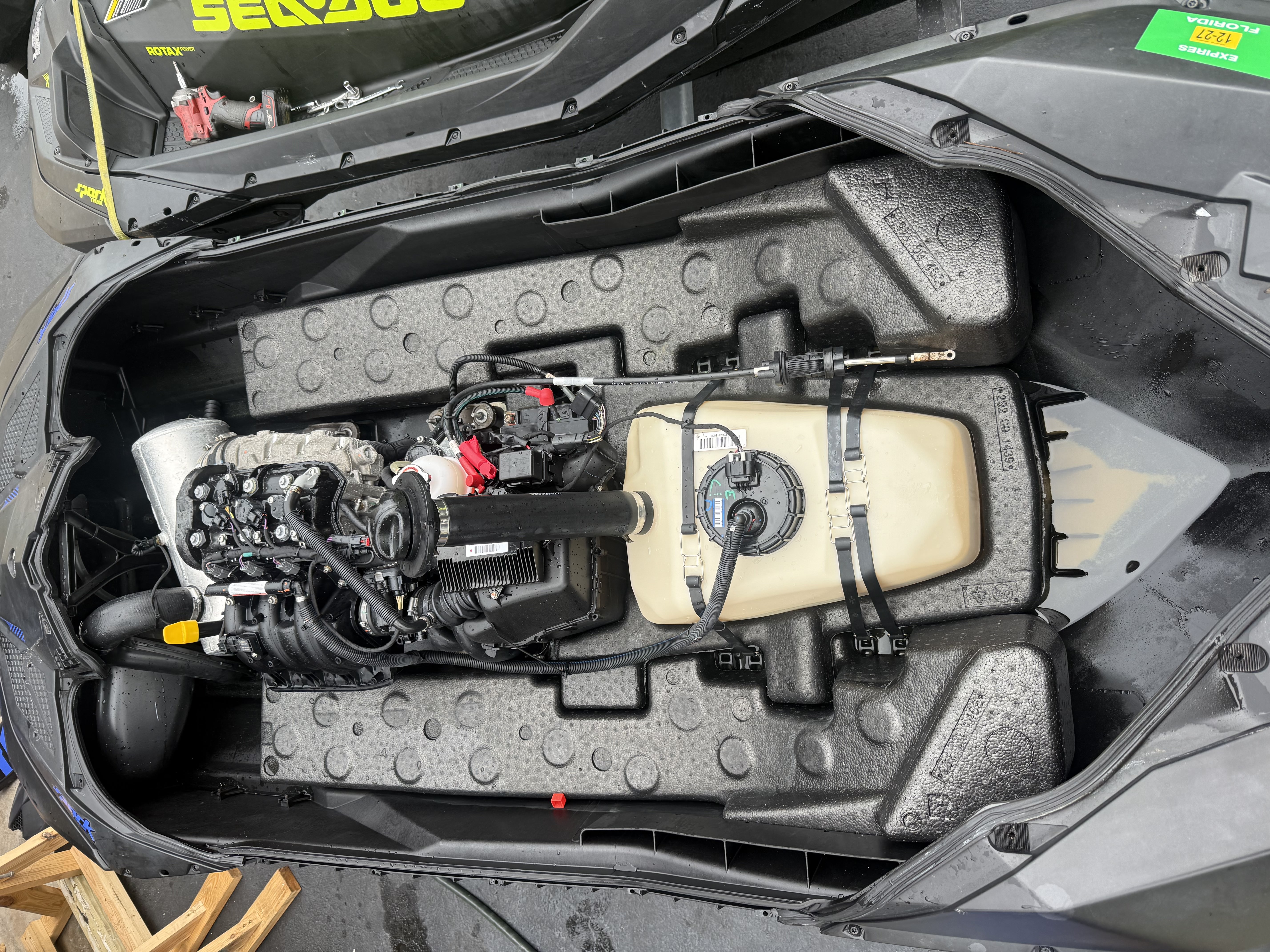 Sea-Doo engine and fuel tank exposed for repair